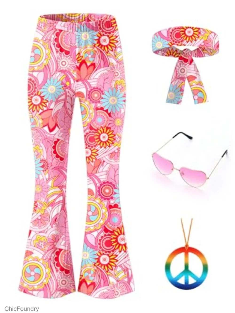 Girls Halloween Hippie Floral Pants Set 4-14Y High Waist Flared High Stretch